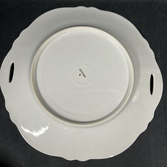 VTG‎ German Porcelain Lusterware Roses Flowers Enclosed Handle Cake Plate 9.75” - Picture 6 of 14